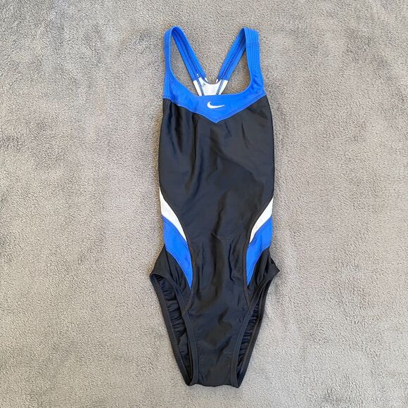 NWT Nike One Piece Black Blue Swimsuit NESS4038-494 Kid's Size 12